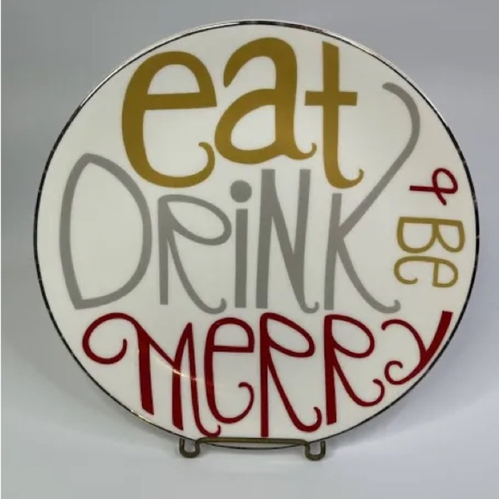 Lenox Eat Drink & Be Merry Holiday Christmas Dessert Plate w Silver Edge